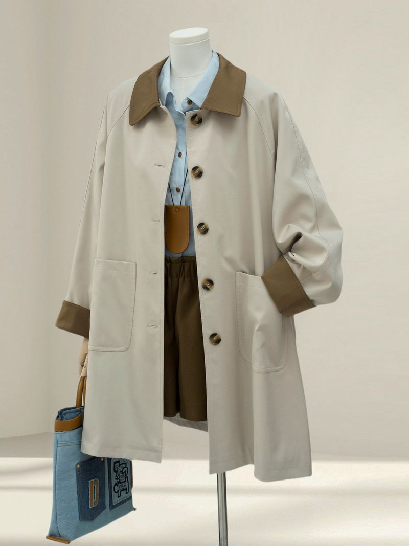 Trench color-block di alta qualità per donna, autunno 2025, nuovo stile coreano, cappotto elegante, semplice e di media lunghezza_voghion.com