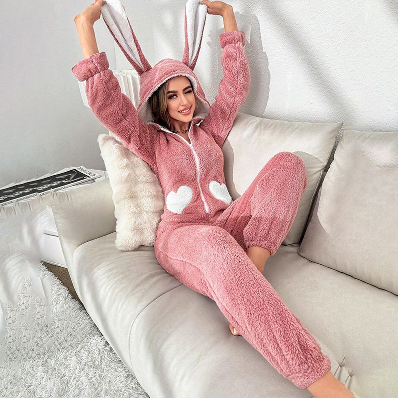 Bonnet à oreilles de lapin de couleur contrastée, fermeture éclair sur le dessus, idéal pour l'automne et l'hiver, pyjama chaud et confortable_voghion.com