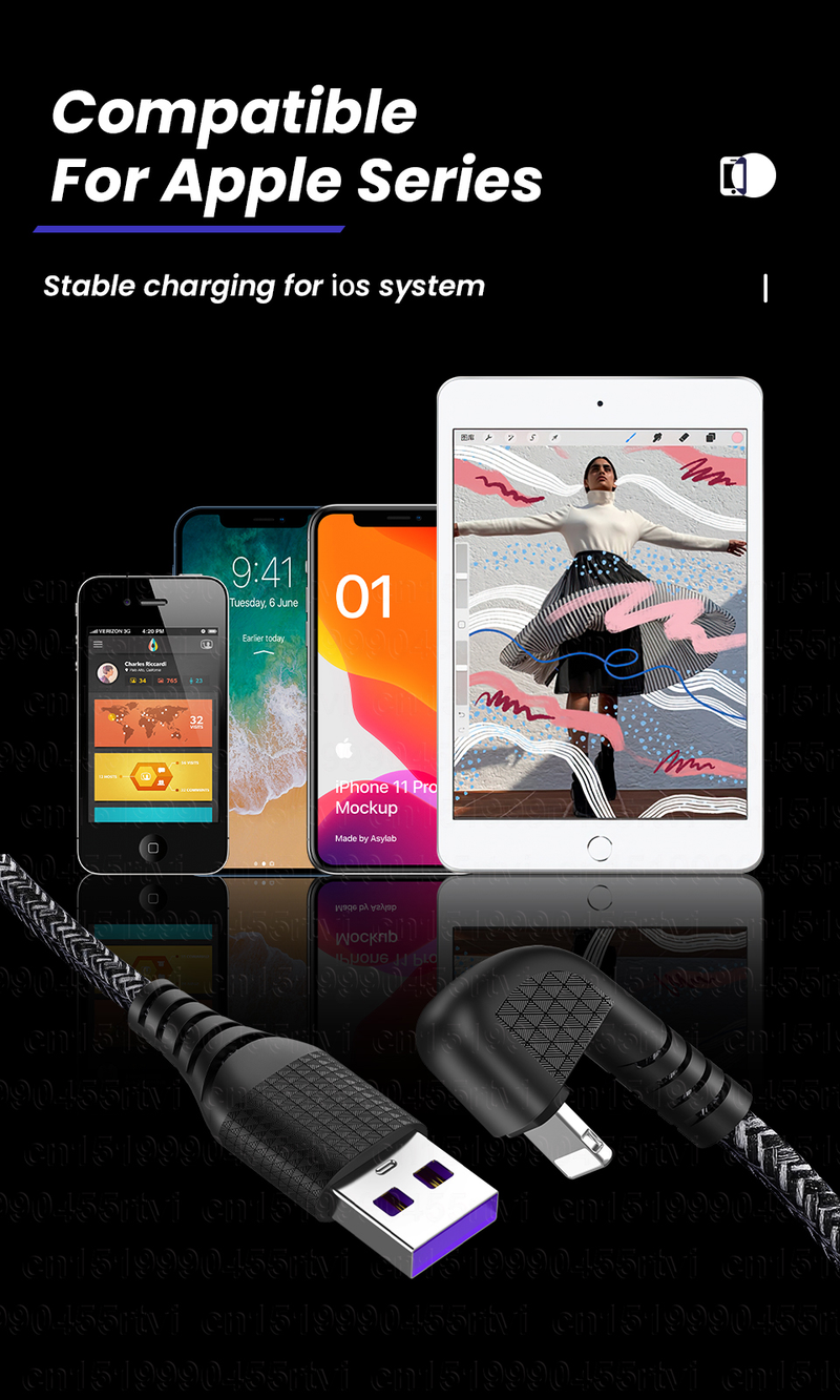 1/2/3M 180 degree USB charging cable suitable for iPhone 13 12 11 Pro Max XS XR X 8 7 6 iPad 2A fast charging_voghion.com