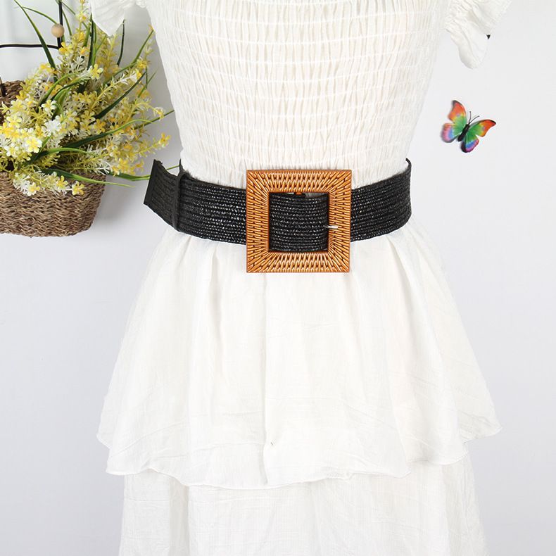 Nieuwe Koreaanse versie Katoenen stijl PP gras geweven riem, ronde vierkante geknoopte jurk, lang shirt, decoratieve riem_voghion.com