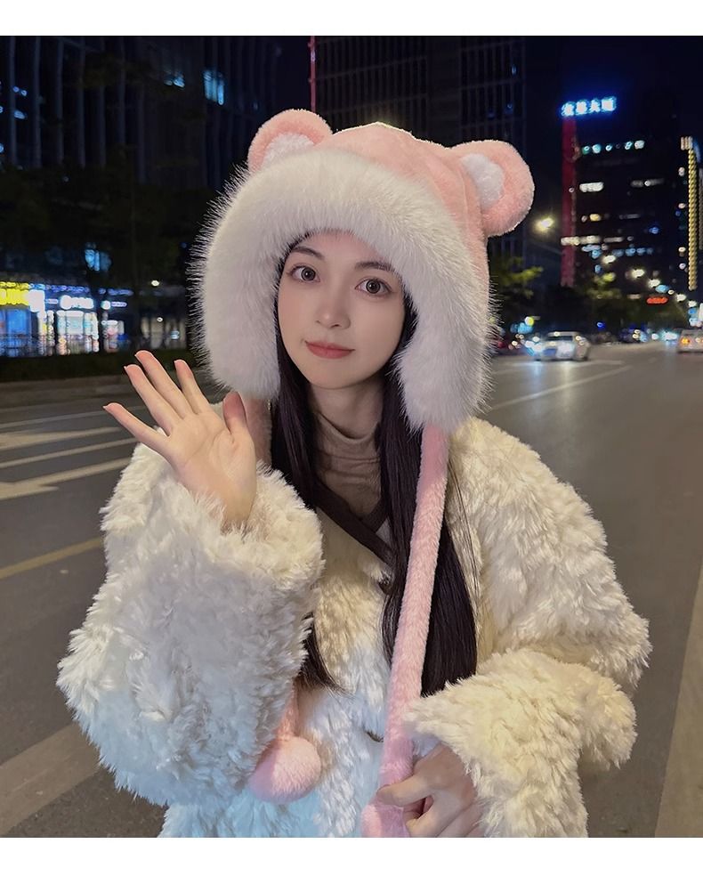 Wintermütze mit dicker und süßer Bärenmütze für Damen, warmes Radfahren, winddicht, Ohrenschutz, Plüsch-Zehenkappe_voghion.com