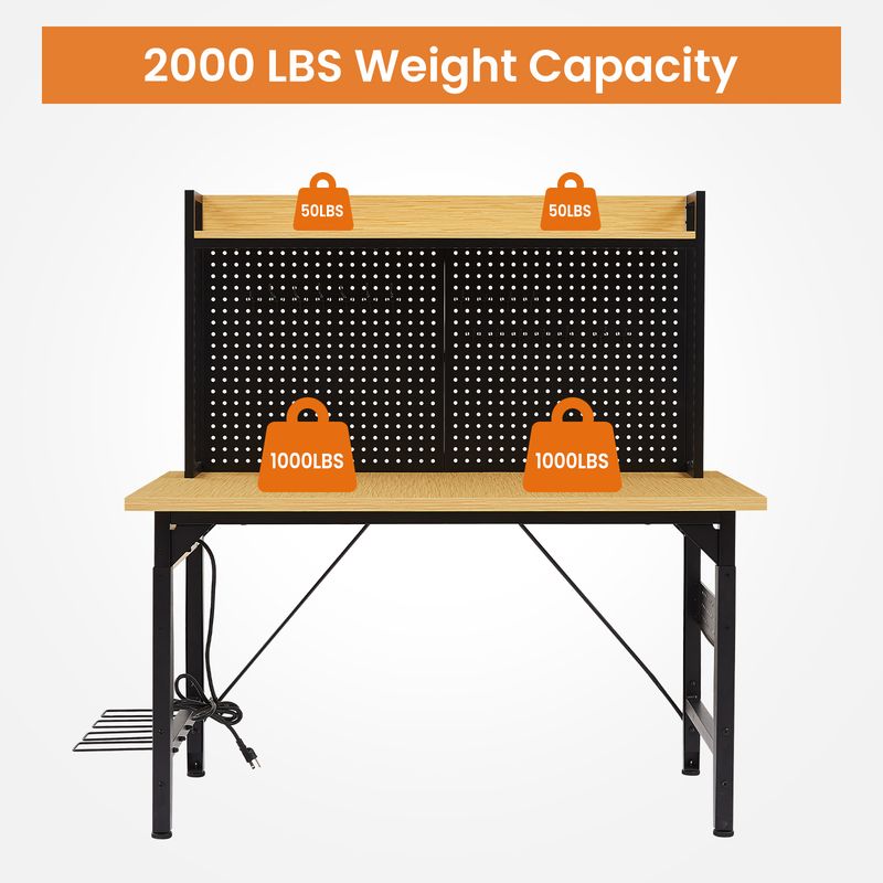 48''Adjustable Workbench With Pegboard, Heavy Duty Wooden Desktop Workbench With Wheels, 1600 Lb. Load Capacity, Rolling Workbench With AC/USB Outlet, Hooks, Shelf, For Garage, Workshop, Office, Home._voghion.com