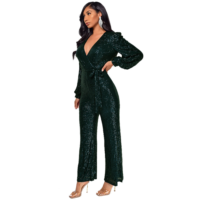 Damkläder Ins Style Deep V Mode Casual Jumpsuit Långärmat Bälte Paljett Jumpsuit Dam_voghion.com