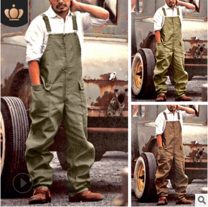 Man's clothing Men's four seasons solid color loose straight overalls casual overalls_voghion.com