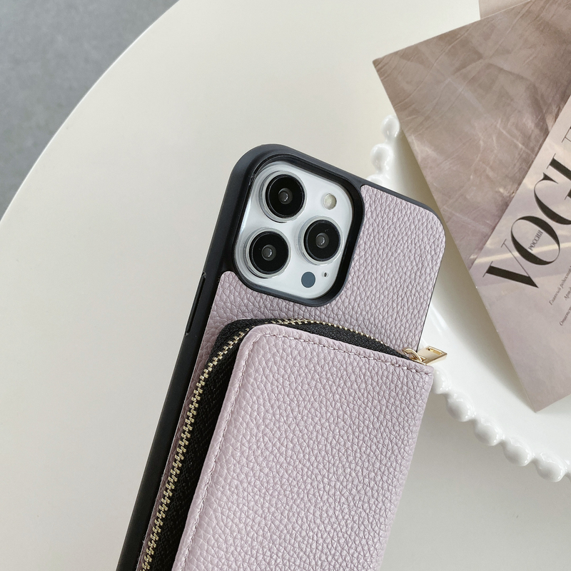 Mobile phone case zipper card holder diagonally applicable to Apple 14 mobile phone case Apple 13 promax litchi pattern protective cover 12 women_voghion.com