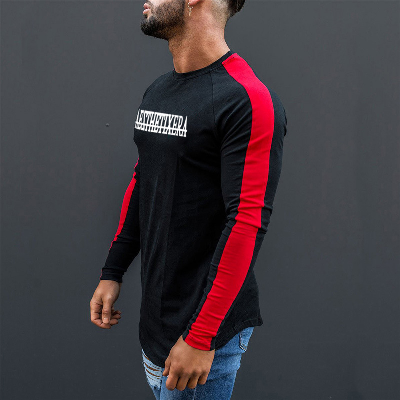 Herren-Fitness-Sport-Langarm-T-Shirt, langes, schmal geschnittenes, farblich passendes Mode-T-Shirt_voghion.com