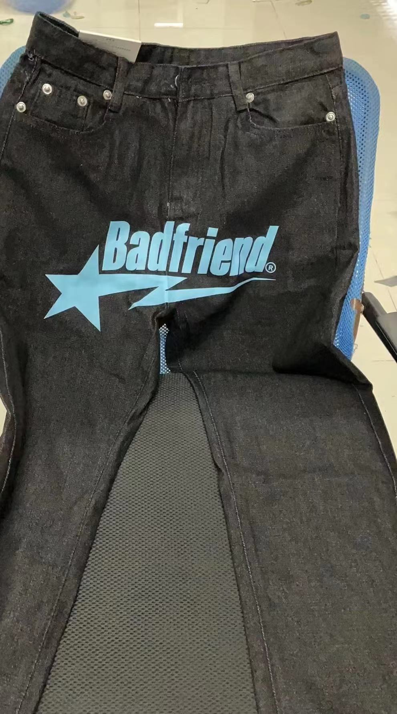 Y2k herrjeans Badfriend Hip Hop Bokstavstryck Svarta byxor Herr Kvinnor Nytt mode Casual Rock Bredfot Baggy byxa Streetwear_voghion.com