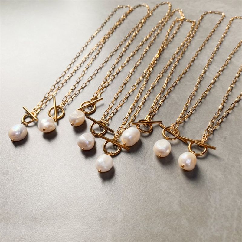 eManco Freshwater Pearl Toggle For Women Paperclip Necklace Stainless Steel Box Square Chain Long Choker_voghion.com