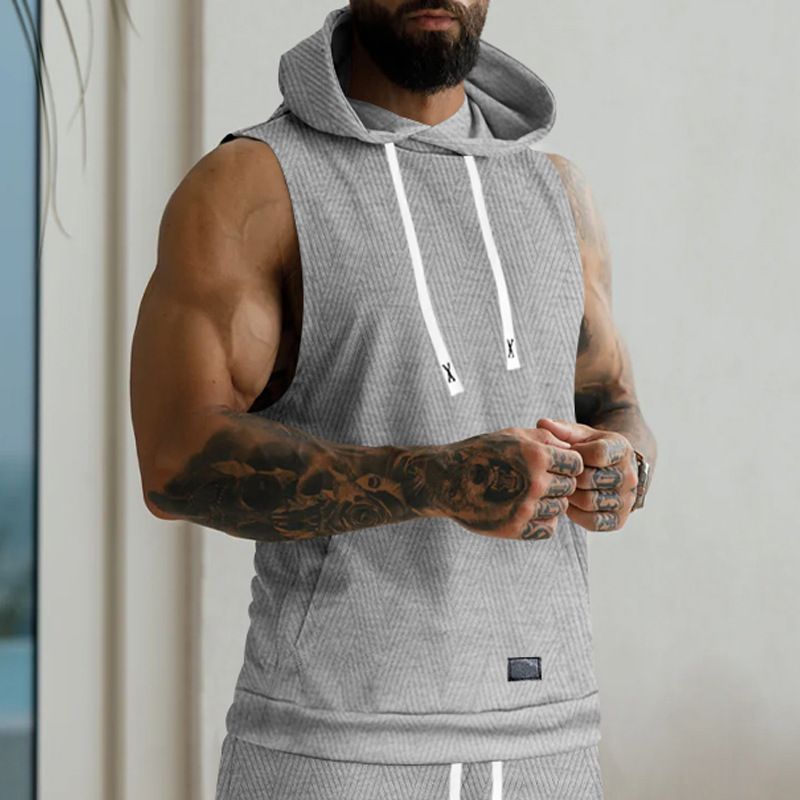 Felpa con cappuccio in maglia jacquard casual da uomo, senza maniche, con tasca applicata e coulisse_voghion.com