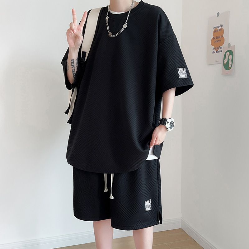 Men's Sports Suit High-End Waffle Texture T-Shirt Shorts Two-Piece Loose Casual Fashion Summer Outfit Trend_voghion.com