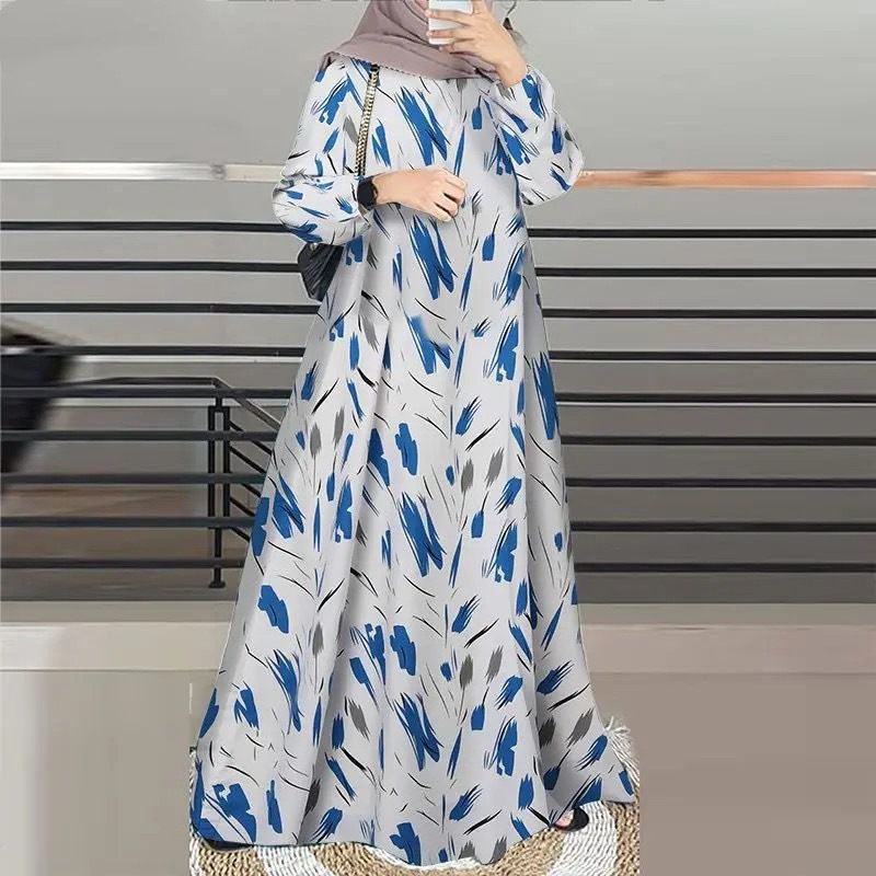 Abito da donna con stampa musulmana, abito malese, manica lunga, scollo rotondo, gonna lunga_voghion.com