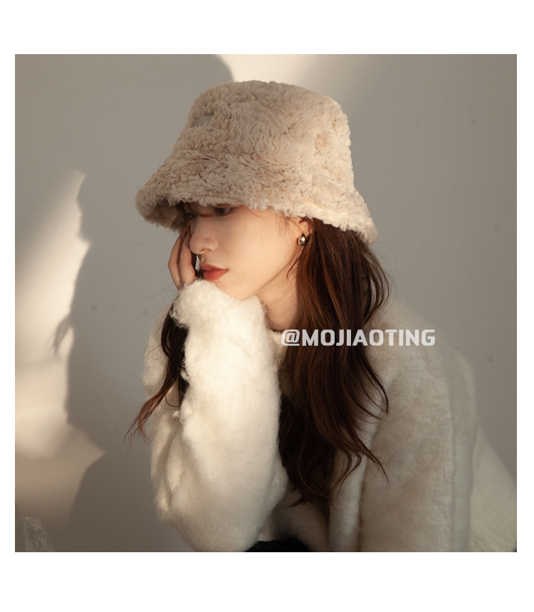 Japanische Damen-Neusilber-Label-Plüsch-Fischermütze mit großer Krempe, Herbst- und Winter-verdickter Warmwasser-Eimerhut,_voghion.com