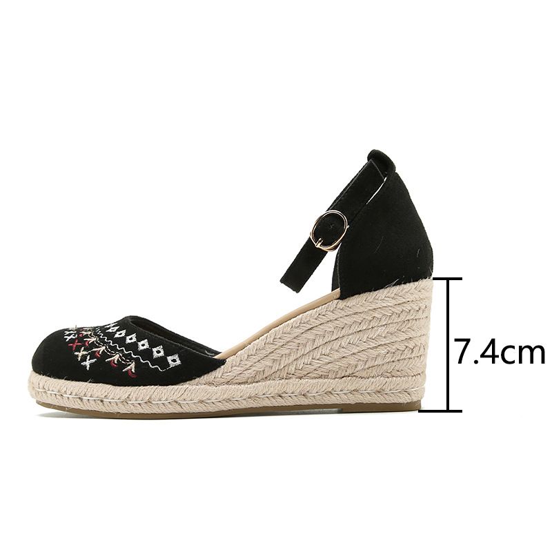 Keilsandalen für Damen, Seilkante, Schnalle, Muffin-Absatz, runde Zehenpartie, geschlossene Zehenpartie, Ethno-Stil_voghion.com