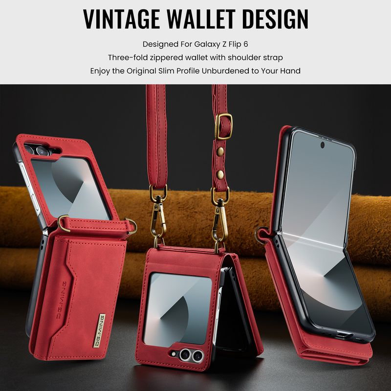 Custodia pieghevole M2 per Samsung Z Flip6 Custodia per telefono con portafoglio per carte Custodia protettiva in pelle con tracolla Z Flip6_voghion.com