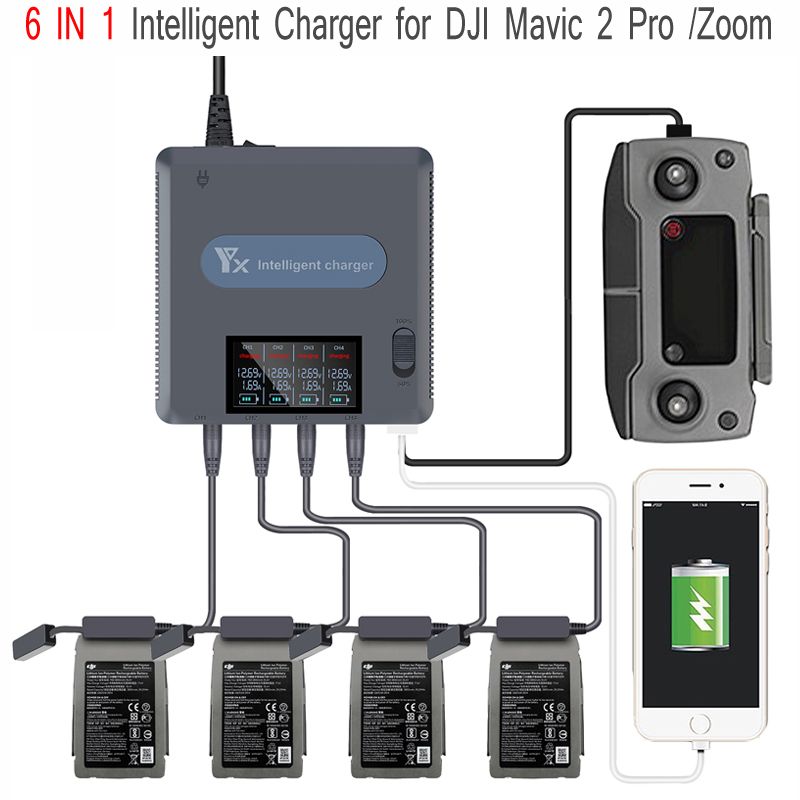 6 In1 Fast Charger Hub Intelligent Fast Chargers Battery LED USB Charging Hubs With Power Cable For DJI Mavic 2 Pro/2 Zoom Drones_voghion.com