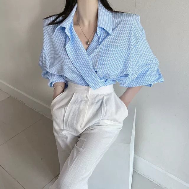 2024 Spring and Autumn New Korean Chic Gentle Striped White Collar Single breasted Loose Casual Long Sleeve Shirt_voghion.com