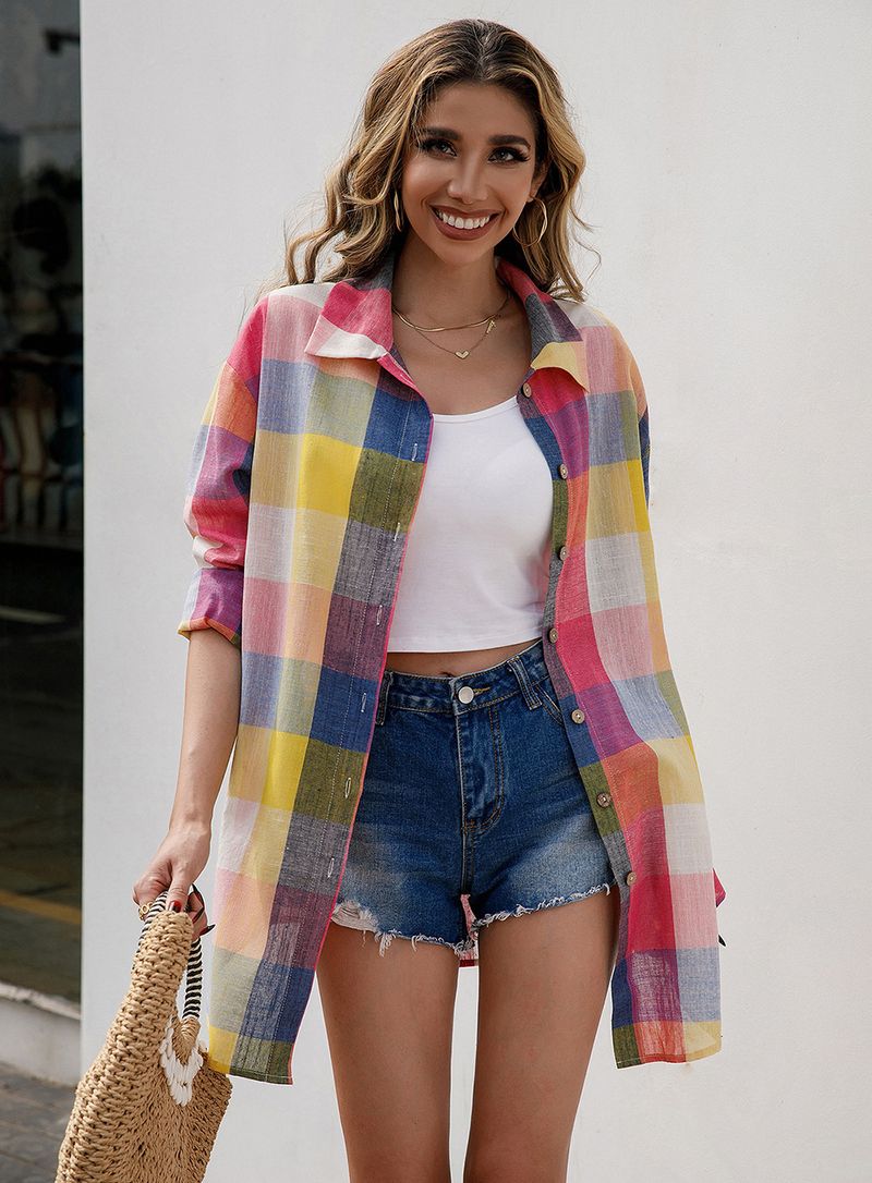 Camicia midi scozzese colorata ampia e casual, top da donna, monopetto, a maniche lunghe, scozzese_voghion.com