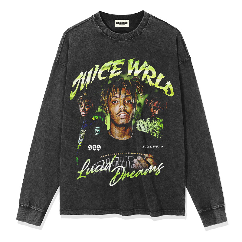 T-shirt à manches courtes et longues, imprimé rap américain Juice Wrld, hip-hop street, délavé, tendance_voghion.com