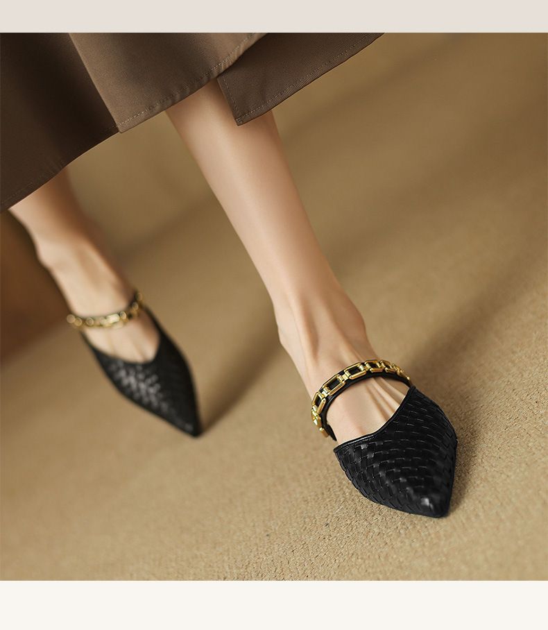 Retro Bag Head Flat Bottom Half Slippers Women's Summer Wear Metal Chain Cool Slippers Pointed Low Heel_voghion.com
