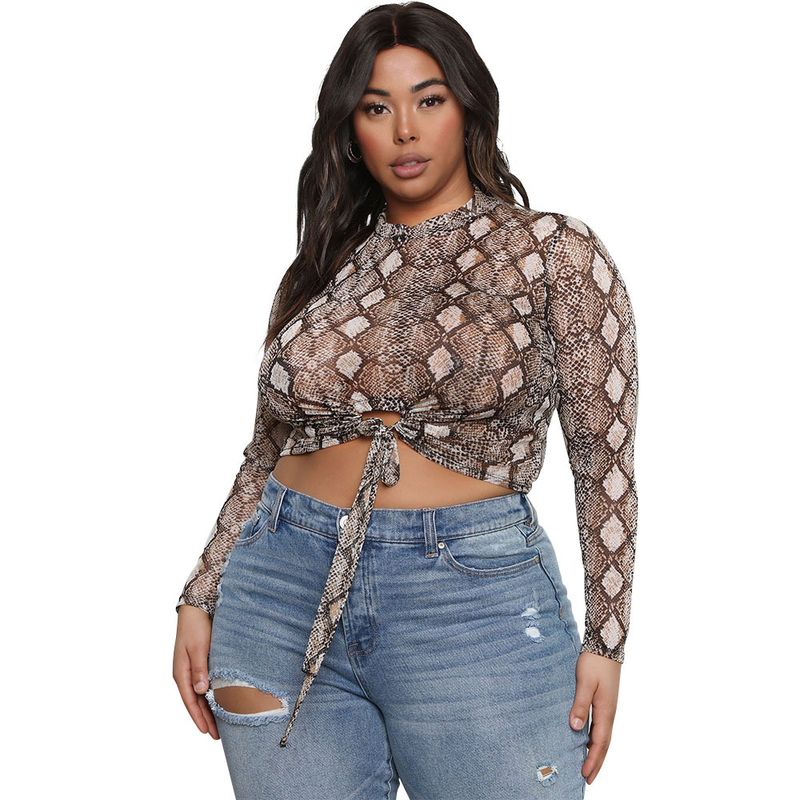 Top a maniche lunghe da donna con stampa serpente trasparente alla moda, abbigliamento da donna_voghion.com