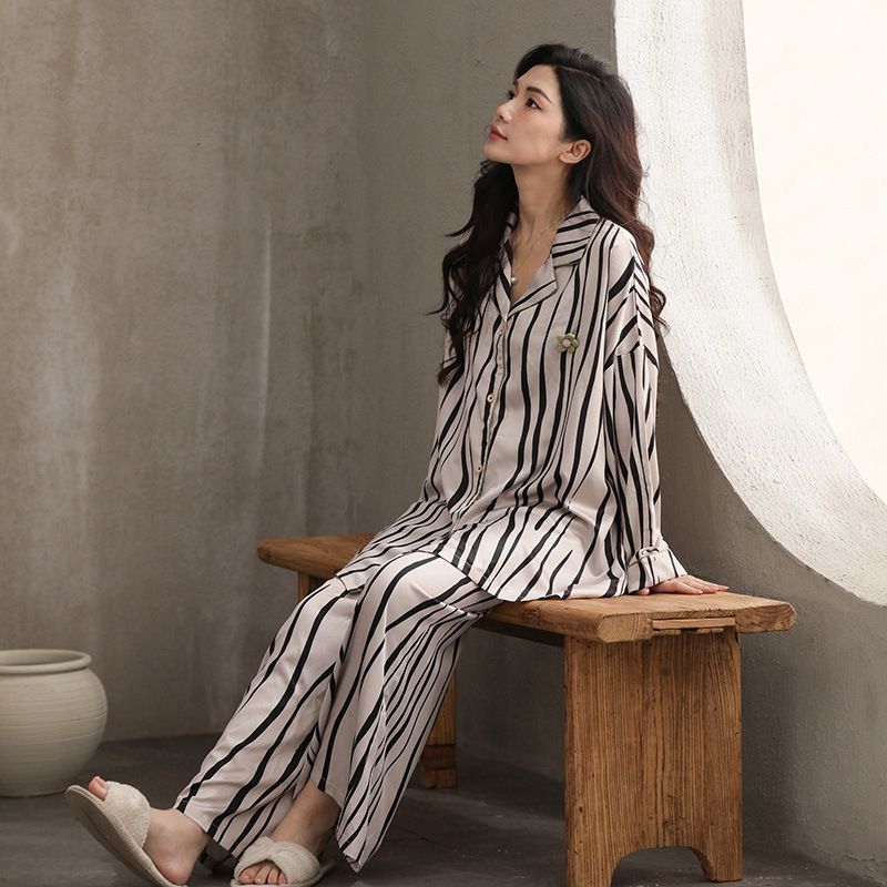 Autumn new sleepwear women's long sleeved ice silk thin casual striped loose plus size set cardigan home clothes S_voghion.com