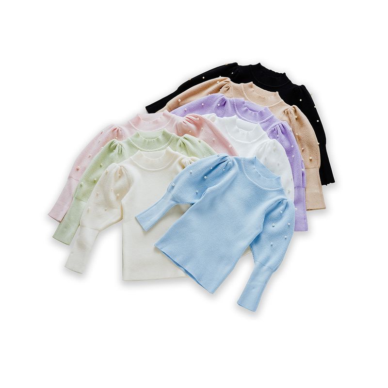 Otroška oblačila za deklice, pulover z bisernimi rokavi in jagnječjim vzorcem, otroški vsestranski pulover z dolgimi rokavi in lanternskimi rokavi, enobarvni, jesenski in zimski_voghion.com