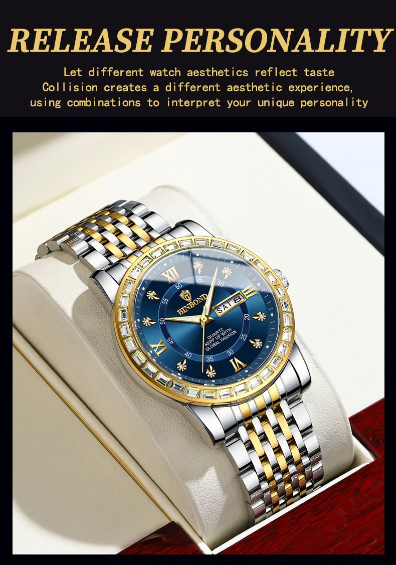 Orologio da uomo al quarzo, impermeabile, con doppio calendario, meccanico, con diamanti incastonati, stile business, alla moda e luminoso._voghion.com