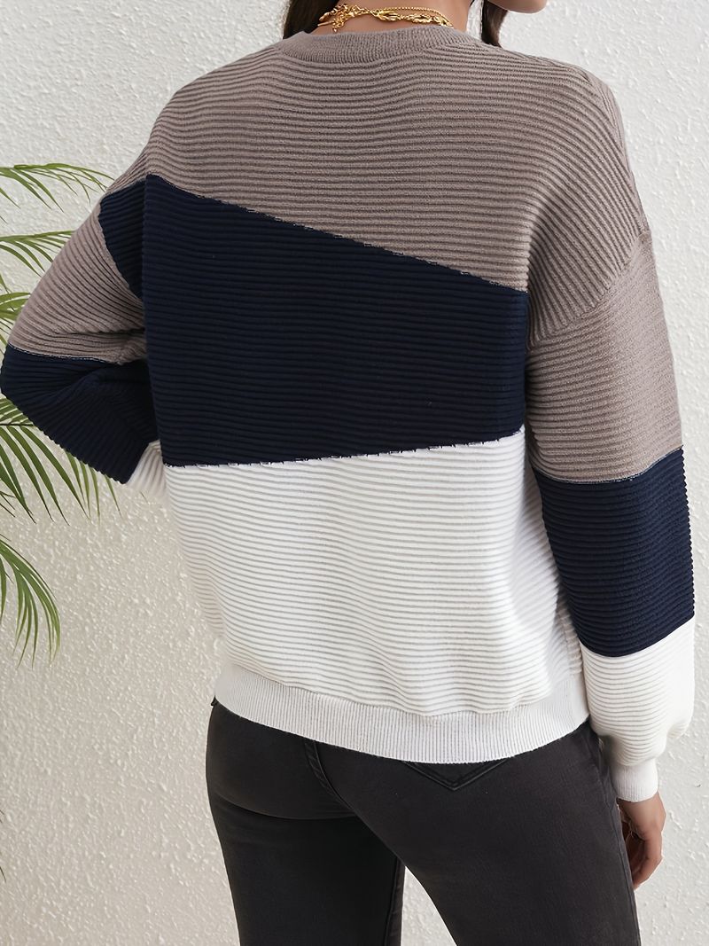 Pull élégant en tricot pour femme, haut ras du cou à manches longues, tendance, mélange de polyester doux et chaud, idéal pour le bureau et les loisirs (blanc, gris foncé)_voghion.com