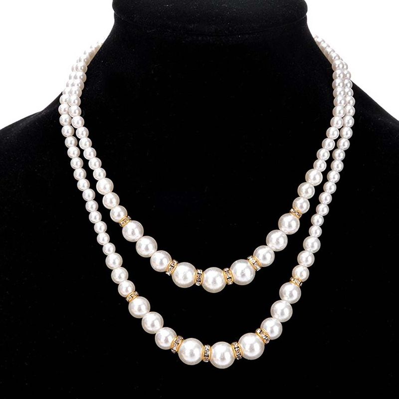 Collier de perles à la mode avec une élégante chaîne longue de pull à double couche de perles sertie de diamants_voghion.com
