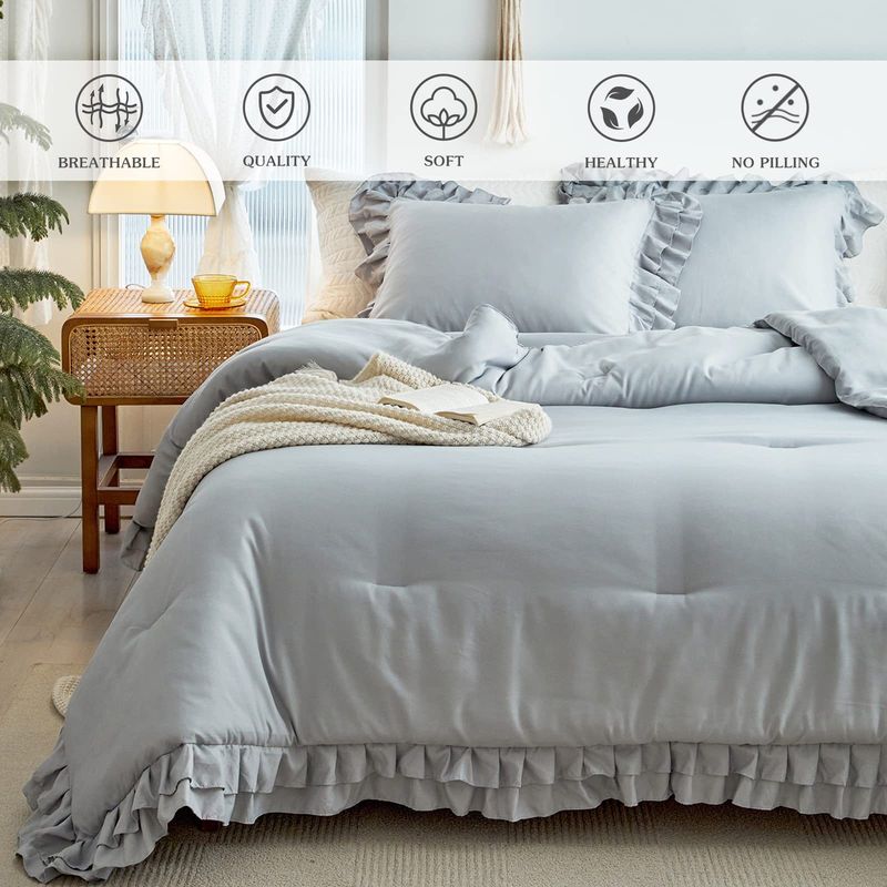 Light Gray Duvet Cover Set With Ruffled Edge - Polyester Quilted Bedding Set Includes Comforter & Pillowcases - Fluffy Cloud-Like Home Textiles_voghion.com
