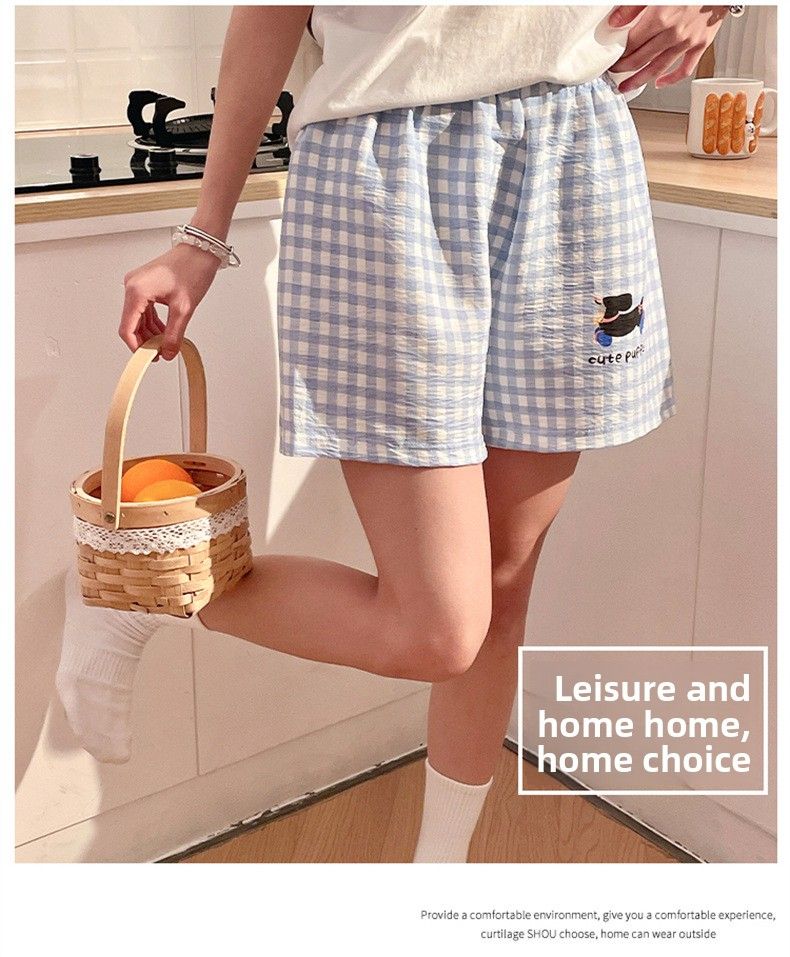 Summer Plaid Simple Pajama Pants Women's Summer Cloud Cotton Thin Beach Shorts Casual Home Pants--L_voghion.com