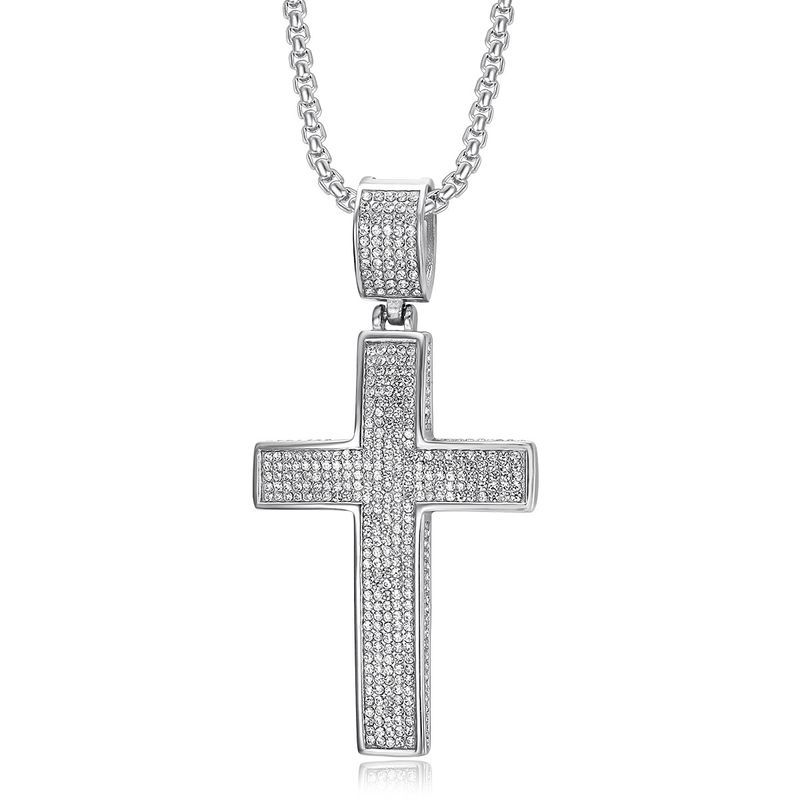 Hip Hop Cross Pendant Necklace -Plated Titanium Steel, Prong-Set Cubic Zirconia_voghion.com