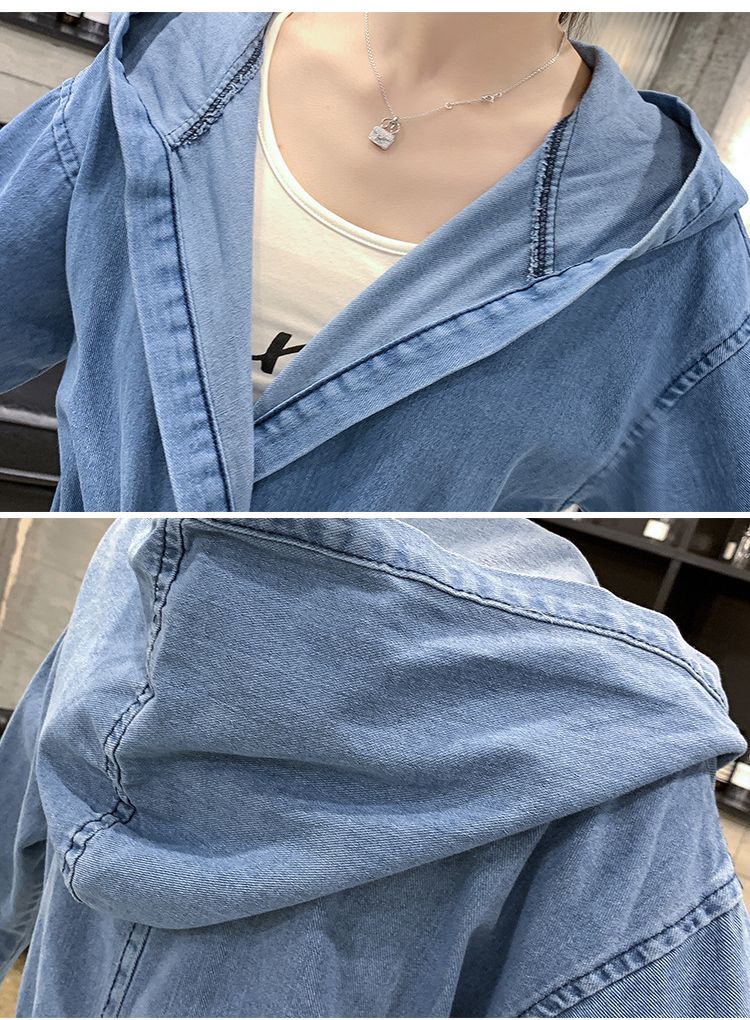 Giacca in denim da donna K Plus Size; trench cardigan con cappuccio, maniche lunghe e lunghezza media._voghion.com