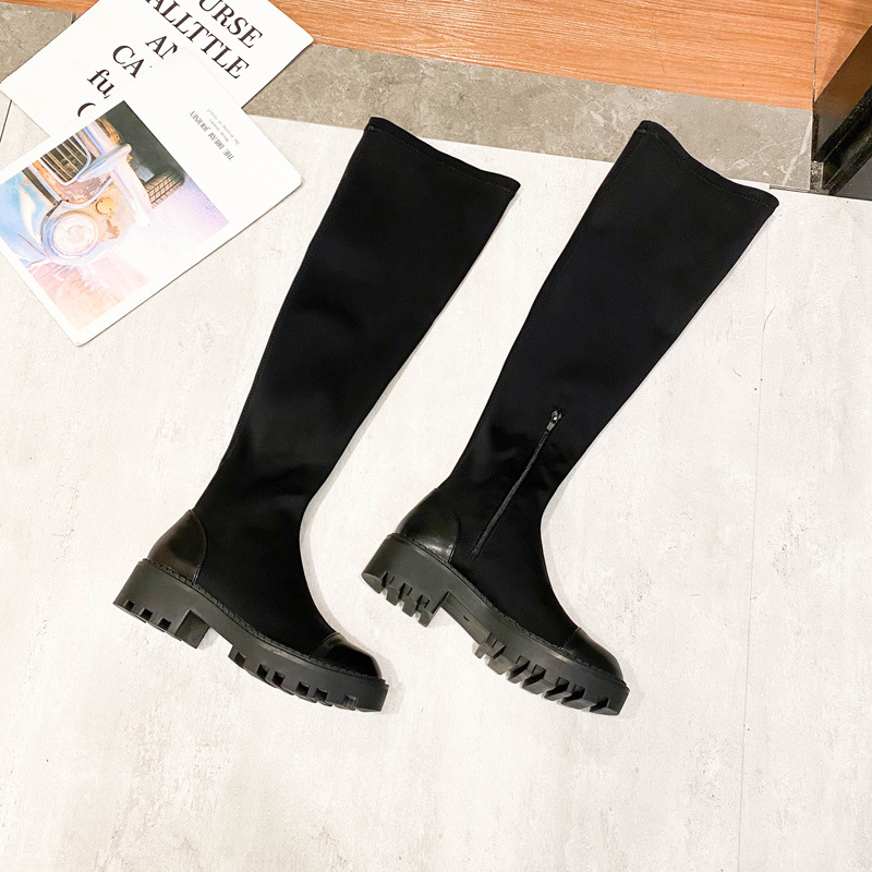 Otoño Invierno botas por encima de la rodilla botas de mujer punta redonda de cuero patchwork tubo largo botas mujer tacones medios-altos plataforma_voghion.com