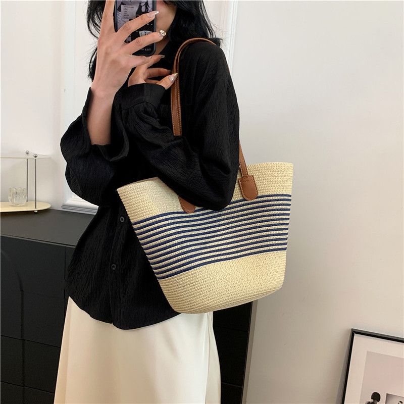 Borsa a mano estiva da donna, borsa da spiaggia, grande capacità, borsa a secchiello in paglia di rattan intrecciata, alla moda_voghion.com