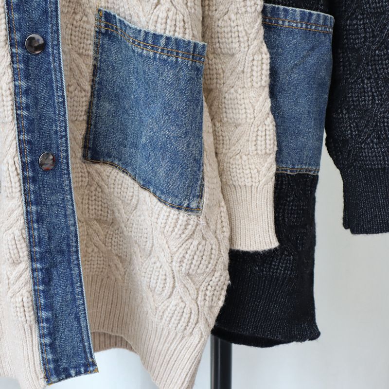 Cardigan lungo in maglia di jeans con cuciture larghe, stile casual, per donna, autunno e inverno, nuovo coreano_voghion.com