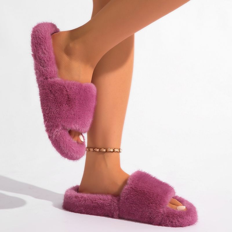 Y2K Punk Style Faux Fur Slippers - Cozy PVC Indoor Slides For Women & Men, Soft Plush Home Shoes, Trendy Gothic Fashion Footwear_voghion.com