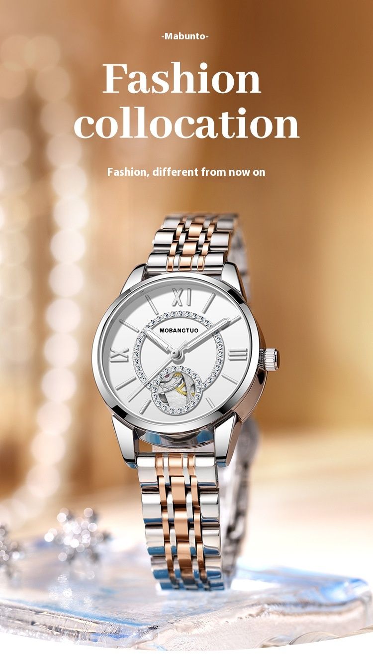 Ceas mecanic de damă, complet automat, la modă, cu incrustații de diamante, cu mecanism modern, culoare goală, curea din oțel impermeabilă_voghion.com