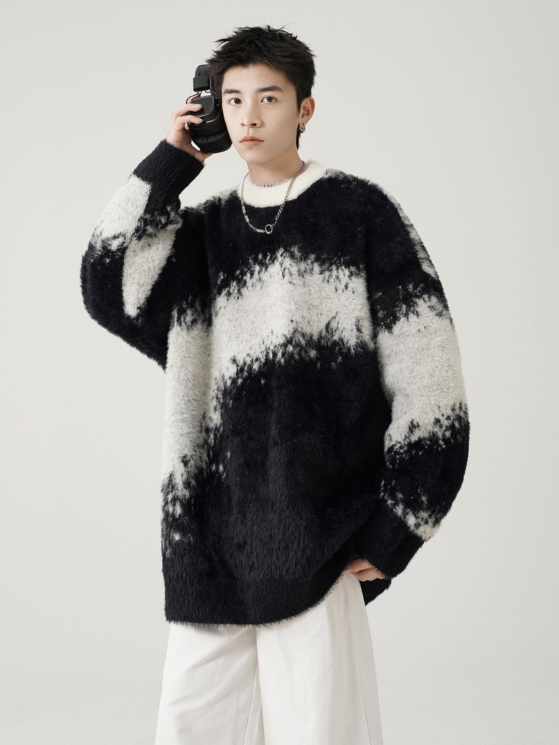 Suéter masculino de lã vison tie-dye com blocos de cores - Pulôver aconchegante e estiloso para o inverno, casual e moderno._voghion.com