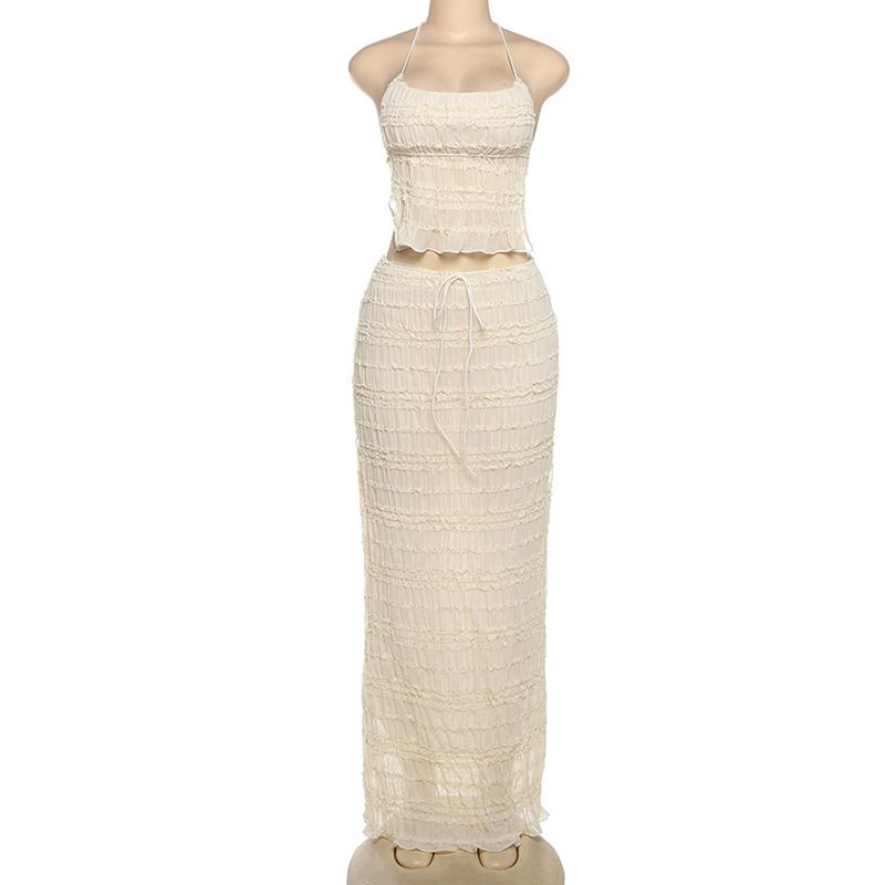 Odzież damska Wiosna Nowa moda damska Halter Neck Backless Seksowna kamizelka Plisowana długa spódnica z szyfonu Garnitur_voghion.com