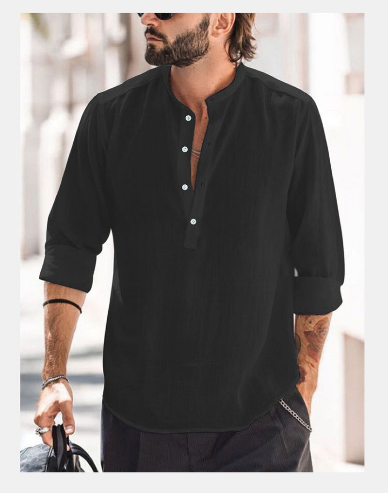 Unbeatable Quality 2025 New Men's Casual Stand Up Collar Door Tube Solid Color Long Sleeve Bamboo Cotton Shirt_voghion.com
