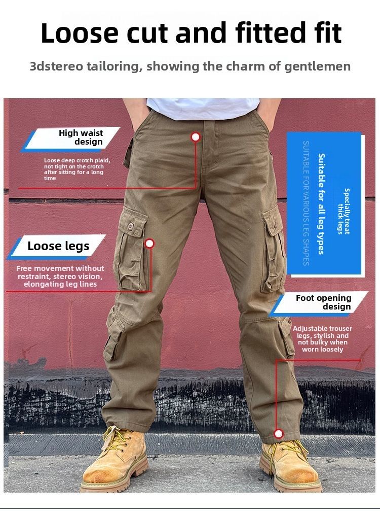 Pantalones cargo multibolsillos para exteriores para hombre, de algodón puro, informales, resistentes al desgaste, para trabajo, protección laboral, talla grande, holgados, rectos, largos._voghion.com