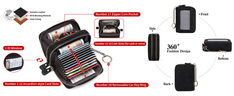Porta-cartões de couro genuíno RFID primeira camada de couro de vaca com zíper duplo porta-cartões de órgão_voghion.com