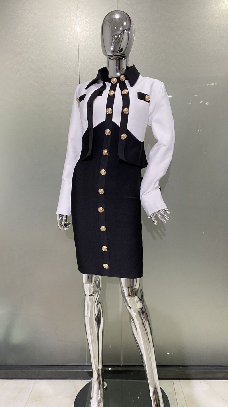 Damenbekleidung Mode schwarz-weiße farbecht passende Bandage Anzug Metallknopf Strickjacke Jacke + ärmelloses Kleid_voghion.com