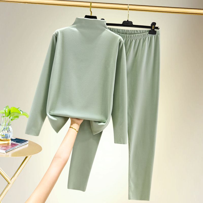 Women's warm underwear set with double-sided German velvet wool and thick half high neck long sleeve trousers plus size two-piece set_voghion.com