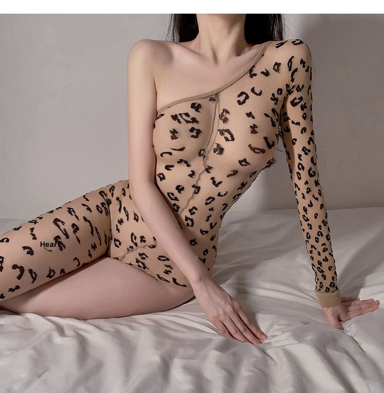 luckyqqyp European And American Foreign Trade Cross-Border Leopard Print Bodysuit Mesh Sexy Lingerie Asymmetric Women's Camisole_voghion.com