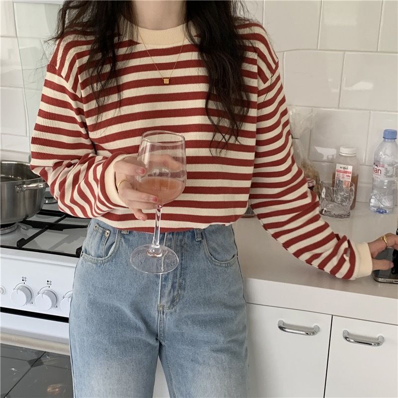 Maglietta a maniche lunghe con base a righe color-block per donna, elegante e casual, per l'inizio dell'autunno, per il pendolarismo_voghion.com