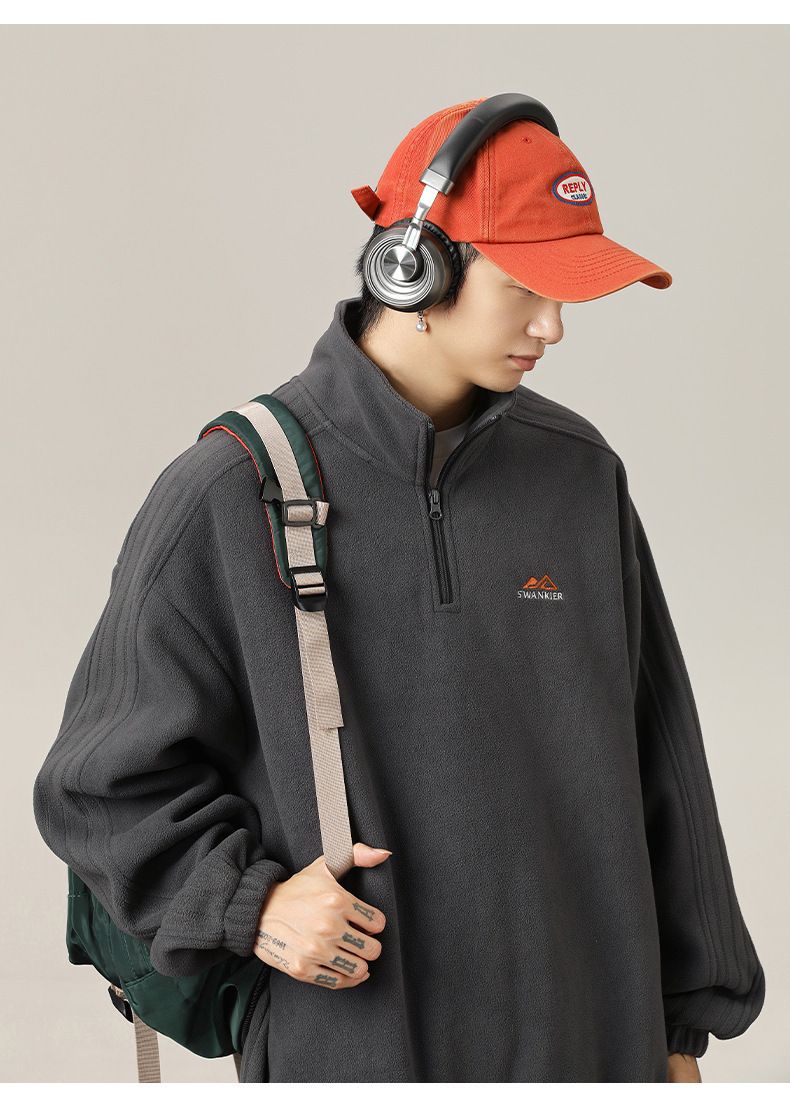 Men's Half-Zip Stand Collar Heavyweight Fleece Sweatshirt With Letter Embroidery, Thickened Casual Pullover For Spring_voghion.com