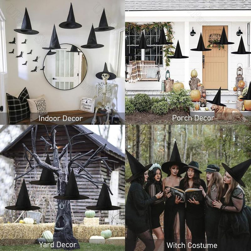 6/12Pcs Halloween Black Witches Hats With Rope Hanging Wizard Hats Bulk For Home Outdoor Porch Halloween Decoration Party Favor_voghion.com