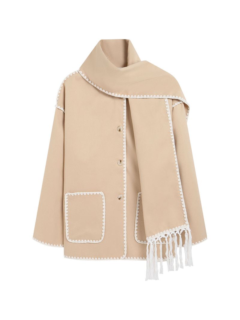 Women’s Fashion Wool-Like Coat – Oversized Tweed Jacket With Scarf & Fringe, Elegant U-Neck, Long Sleeve, Boho Chic_voghion.com